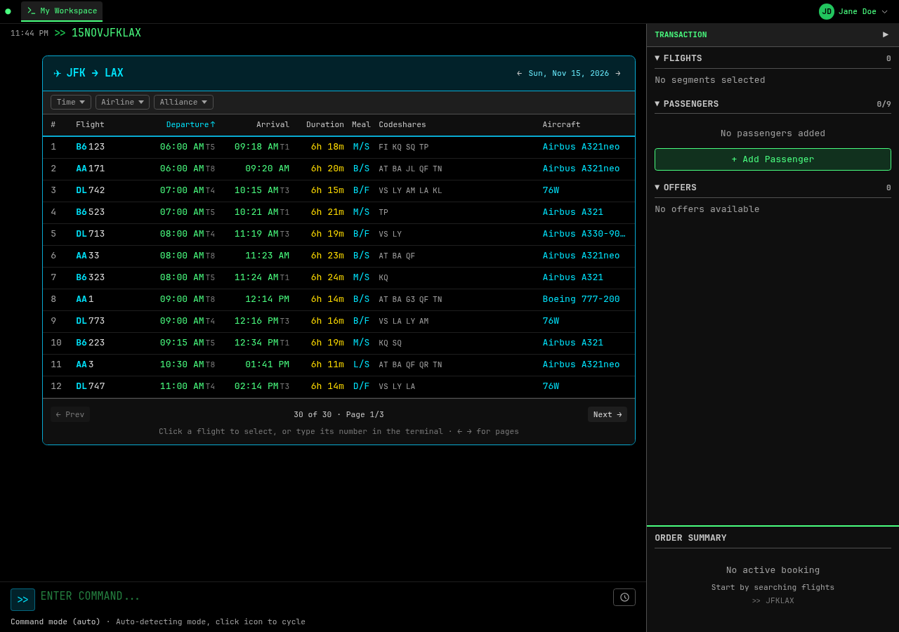 Schedule-mode search results: an instant nonstop timetable for the city pair with flight numbers and times, no prices