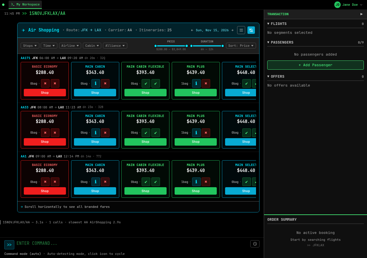 Shop-mode results: live priced offers with fare brands and totals per row, ready to select and book